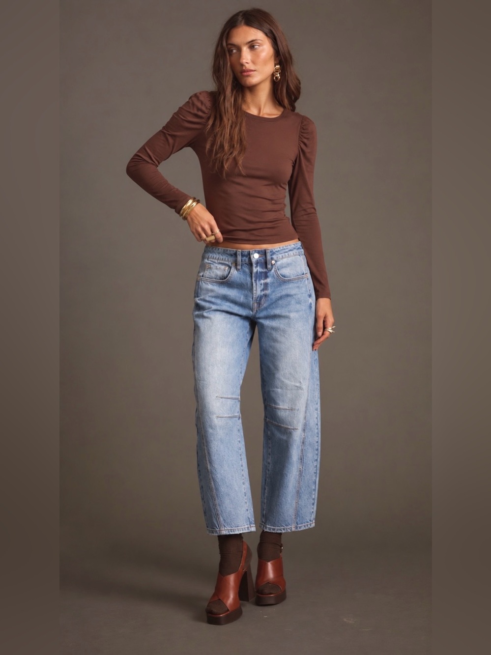 Bobeau Brown Ruffle Puff Sleeve Top XS